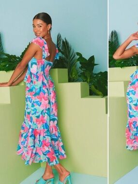 Show Me Your MuMu Reese Ruffle Midi Dress in Hibiscus Punch size Small